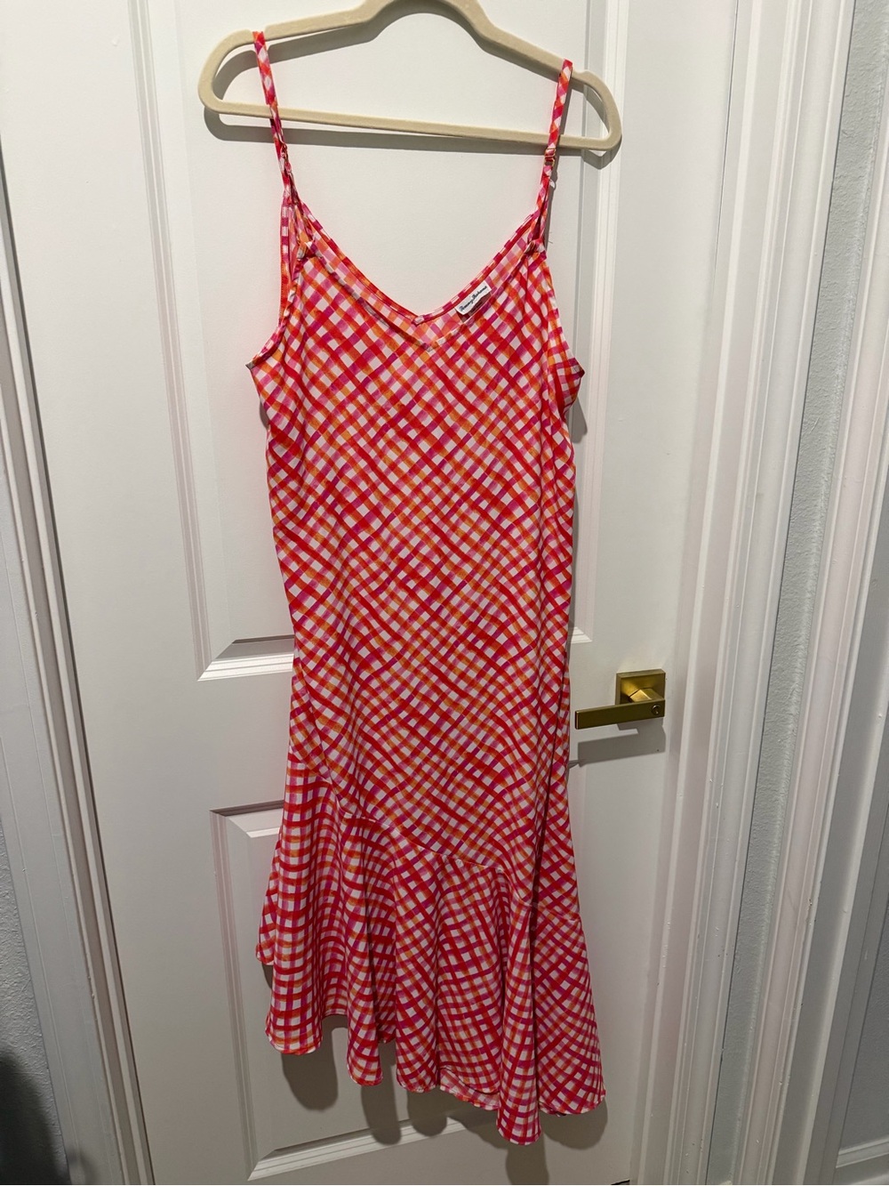 Tommy Bahama Red and White Check Slip Dress Asymmetrical Ruffle
